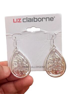 Liz Claiborne Silver Teardrop Filigree Dangle Earrings